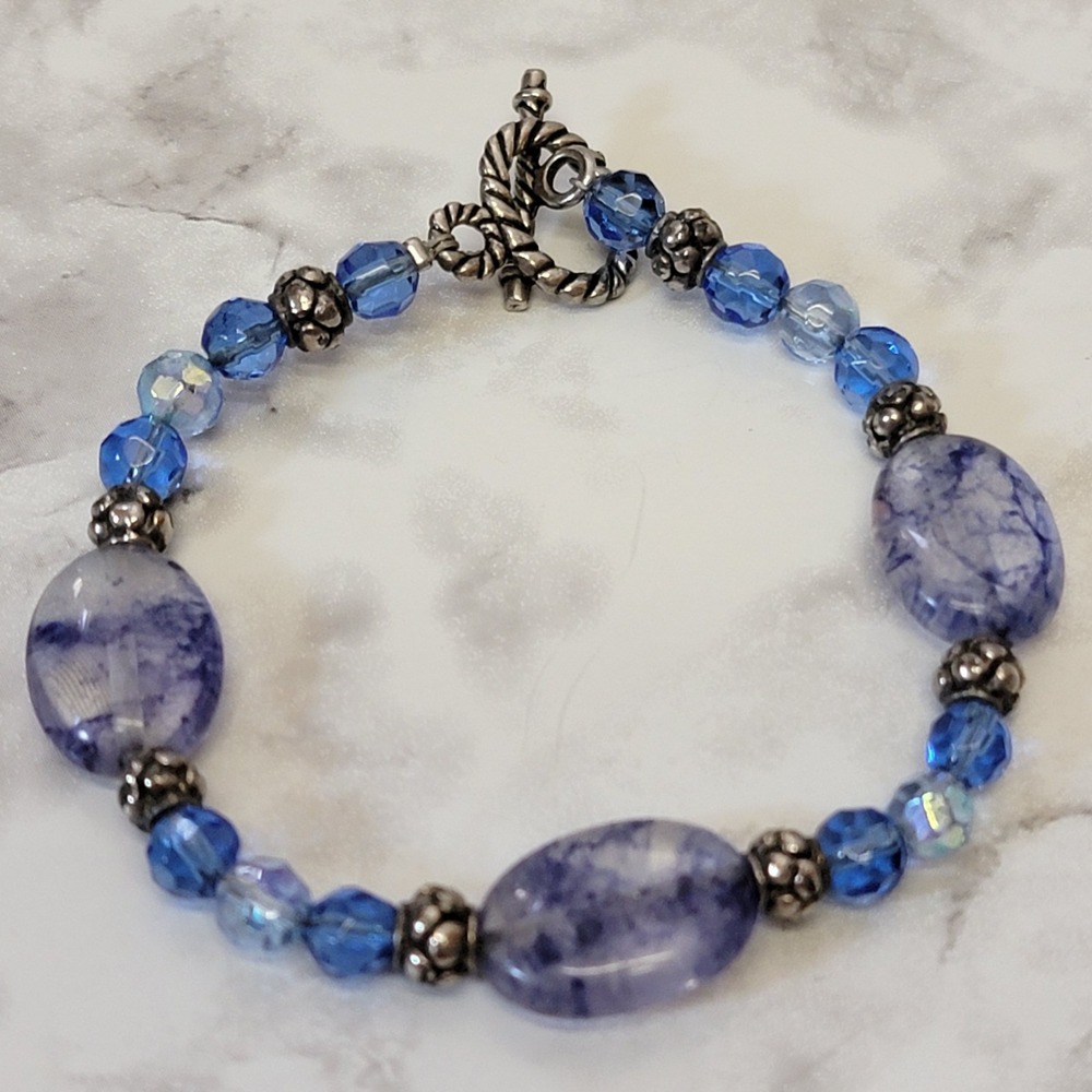 Boho Blue Beaded Toggle Bracelet Silver Tone Clasp Celestial Mermaidcore Witchy